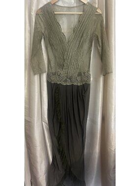 OOAK Bridgerton Regency Dress Gown Green Lace  Sheer Faux Wrap Handmade S.  Bb